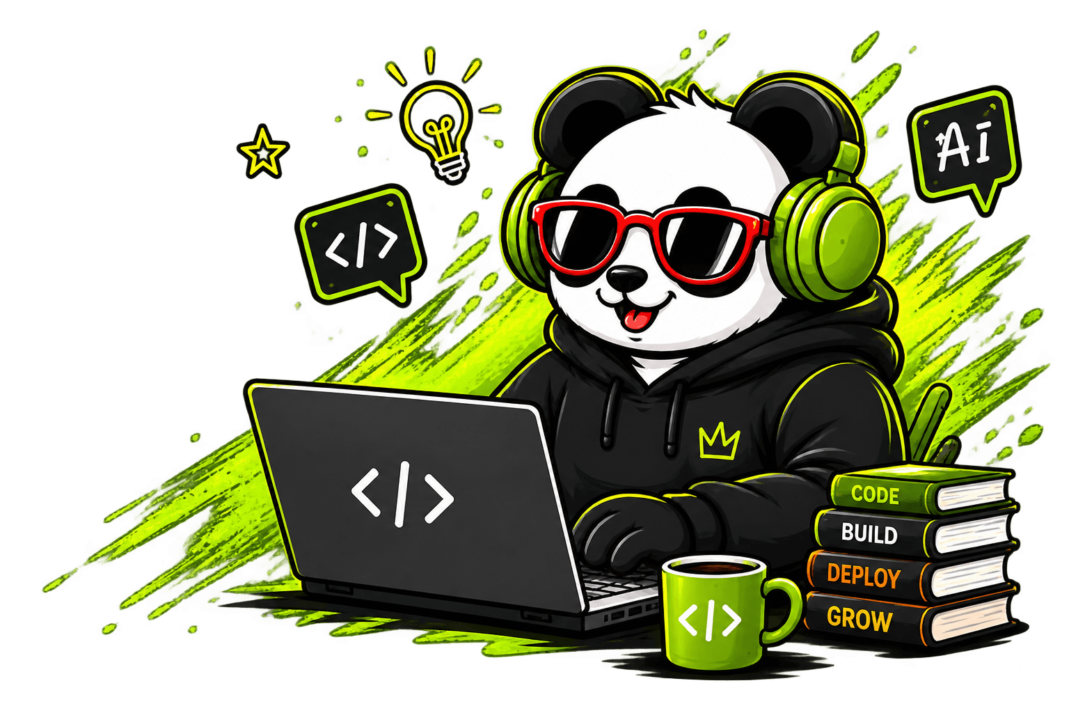 GenZCoderBuddy panda mascot wearing headphones and sunglasses, coding on a laptop surrounded by code and AI doodles